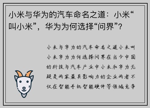 小米与华为的汽车命名之道：小米“叫小米”，华为为何选择“问界”？