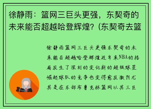 徐静雨：篮网三巨头更强，东契奇的未来能否超越哈登辉煌？(东契奇去篮网)