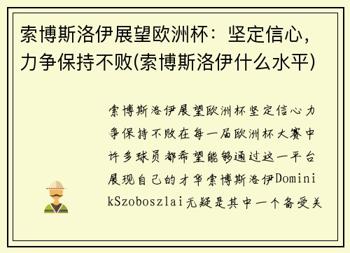 索博斯洛伊展望欧洲杯：坚定信心，力争保持不败(索博斯洛伊什么水平)