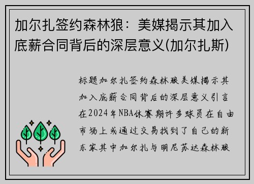加尔扎签约森林狼：美媒揭示其加入底薪合同背后的深层意义(加尔扎斯)