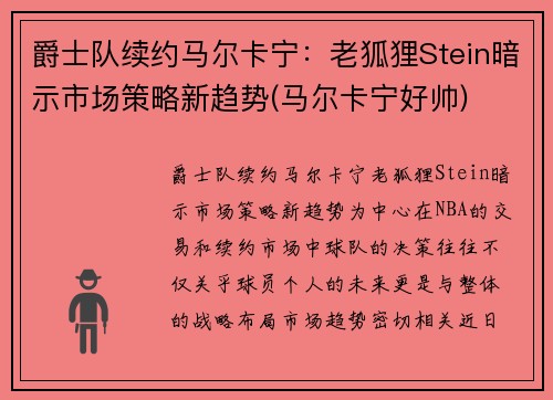 爵士队续约马尔卡宁：老狐狸Stein暗示市场策略新趋势(马尔卡宁好帅)
